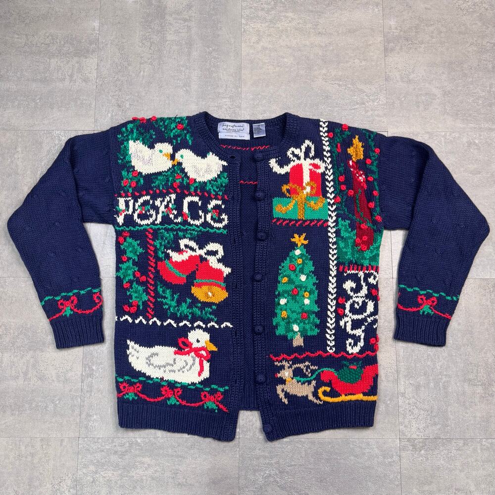 Vtg Signatures by Northern Isles Knitted by Hand Button Up Xmas Sweater WMSN M